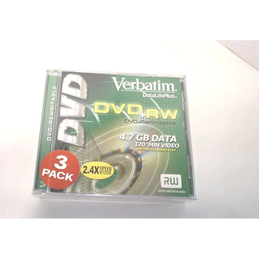 Verbatim DVD RW Full Size discs w/ Ind Cases Pack Of 3. 4.7 GB data, 120 Min